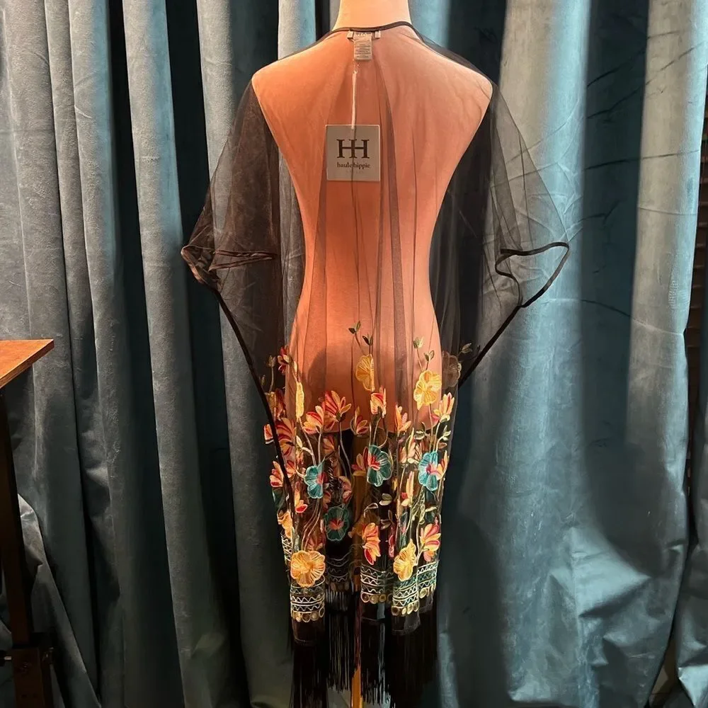 Haute Hippie Black Mesh Floral Embroidered Fringe Boho, Festival Kimono, OS, NWT